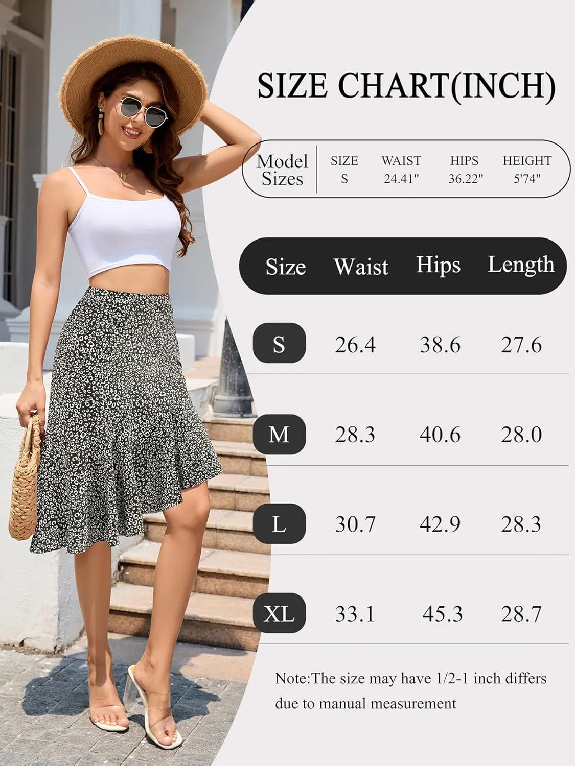 Floral Midi Skirt for Women Boho Flowy Ruffle Elastic High Waist Summer Skirts Casual Asymmetric Hem Skirt