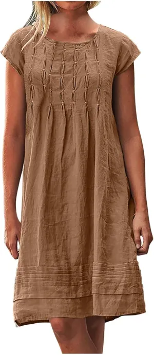 FZYLQY Women's Cotton Linen Midi Dresses Plus Size Cap Sleeve Pleated Summer Dress Vacation 2025 Crew Neck Casual Dress