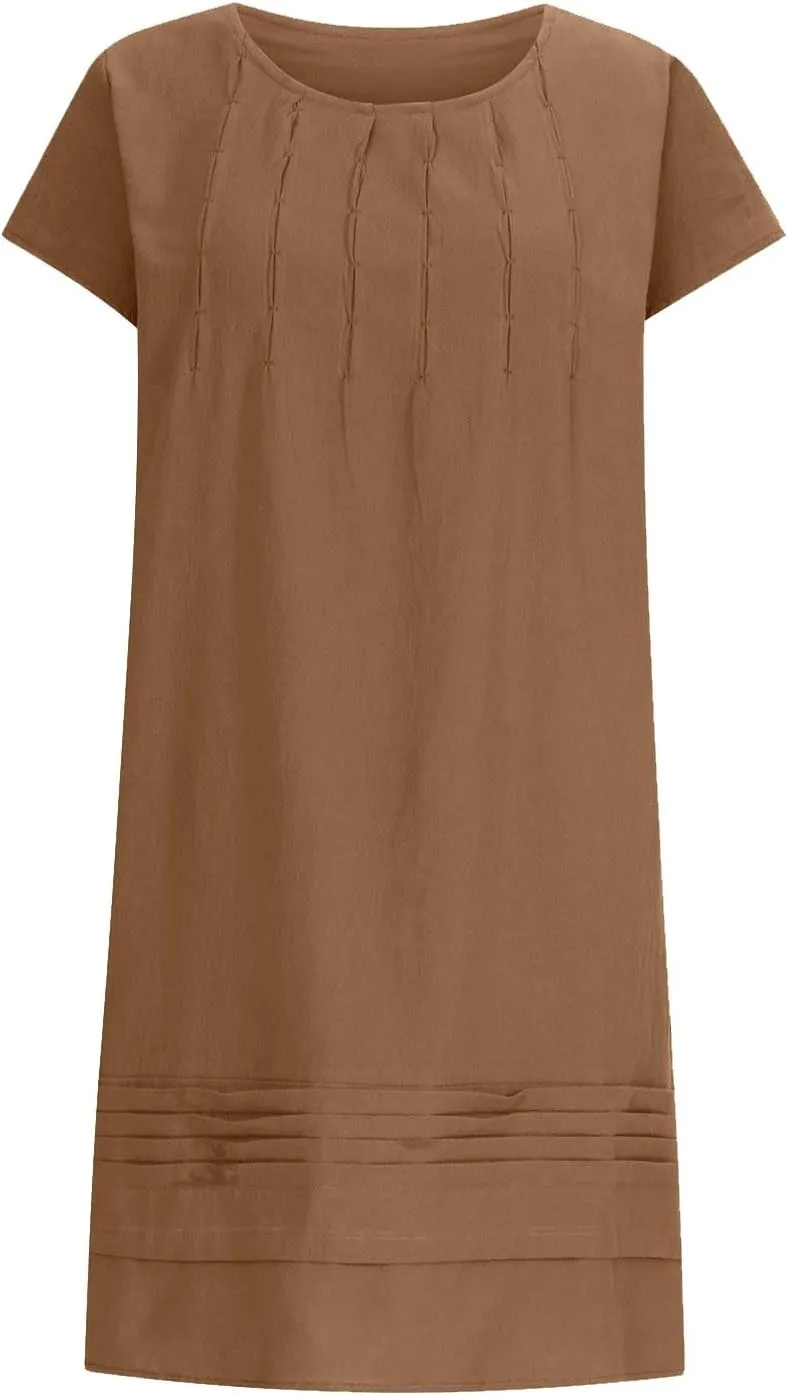 FZYLQY Women's Cotton Linen Midi Dresses Plus Size Cap Sleeve Pleated Summer Dress Vacation 2025 Crew Neck Casual Dress