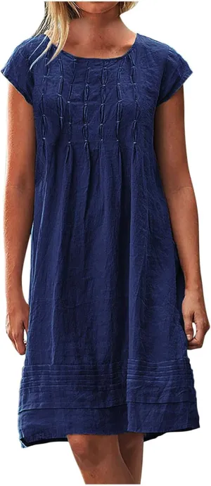 FZYLQY Women's Cotton Linen Midi Dresses Plus Size Cap Sleeve Pleated Summer Dress Vacation 2025 Crew Neck Casual Dress