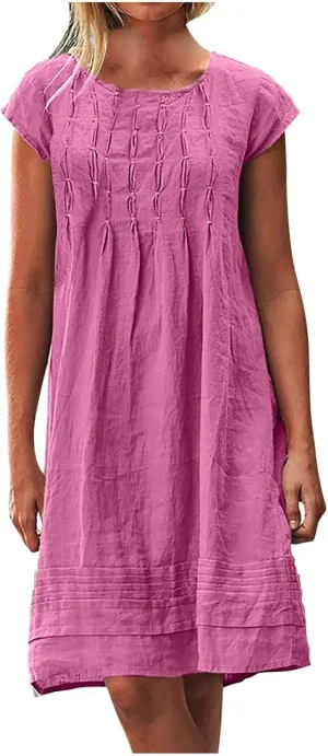 FZYLQY Women's Cotton Linen Midi Dresses Plus Size Cap Sleeve Pleated Summer Dress Vacation 2025 Crew Neck Casual Dress