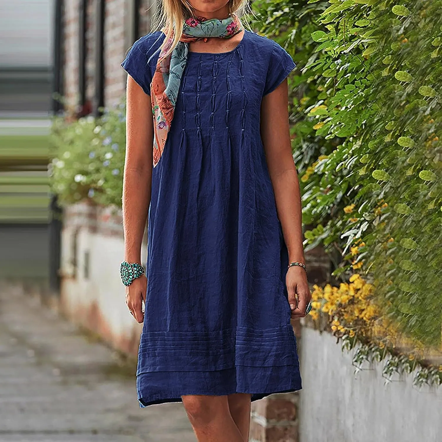 FZYLQY Women's Cotton Linen Midi Dresses Plus Size Cap Sleeve Pleated Summer Dress Vacation 2025 Crew Neck Casual Dress