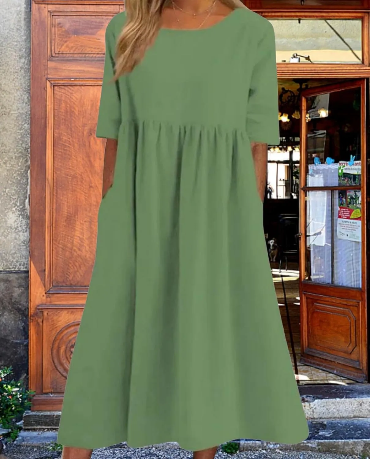 Geleglaer Boho Dress for Women Floral Print Short Sleeve Midi Dress Casual Pleat Flowy Beach Dress with Pockets Summer 2024