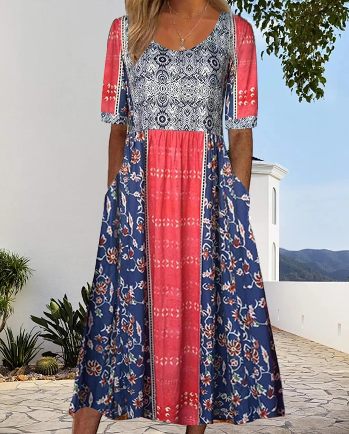 Geleglaer Boho Dress for Women Floral Print Short Sleeve Midi Dress Casual Pleat Flowy Beach Dress with Pockets Summer 2024
