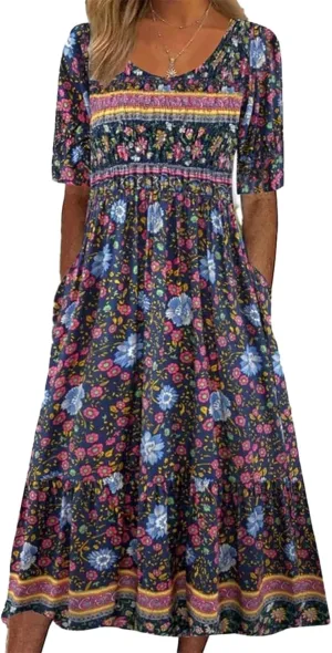 Geleglaer Boho Dress for Women Floral Print Short Sleeve Midi Dress Casual Pleat Flowy Beach Dress with Pockets Summer 2024