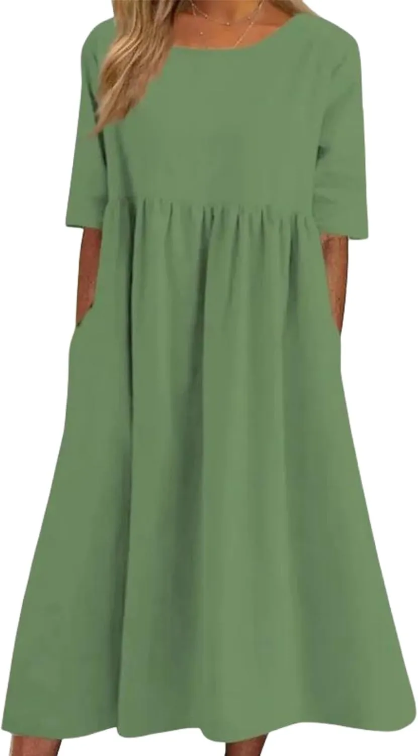 Geleglaer Boho Dress for Women Floral Print Short Sleeve Midi Dress Casual Pleat Flowy Beach Dress with Pockets Summer 2024