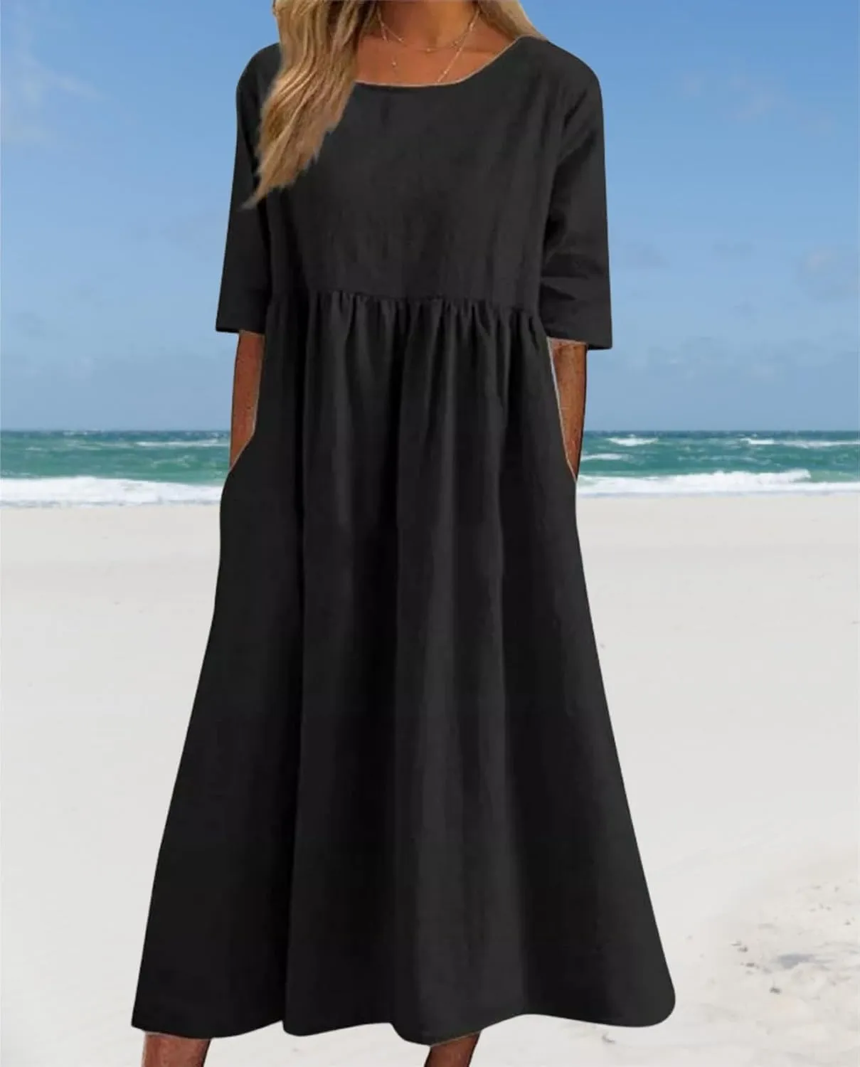 Geleglaer Boho Dress for Women Floral Print Short Sleeve Midi Dress Casual Pleat Flowy Beach Dress with Pockets Summer 2024