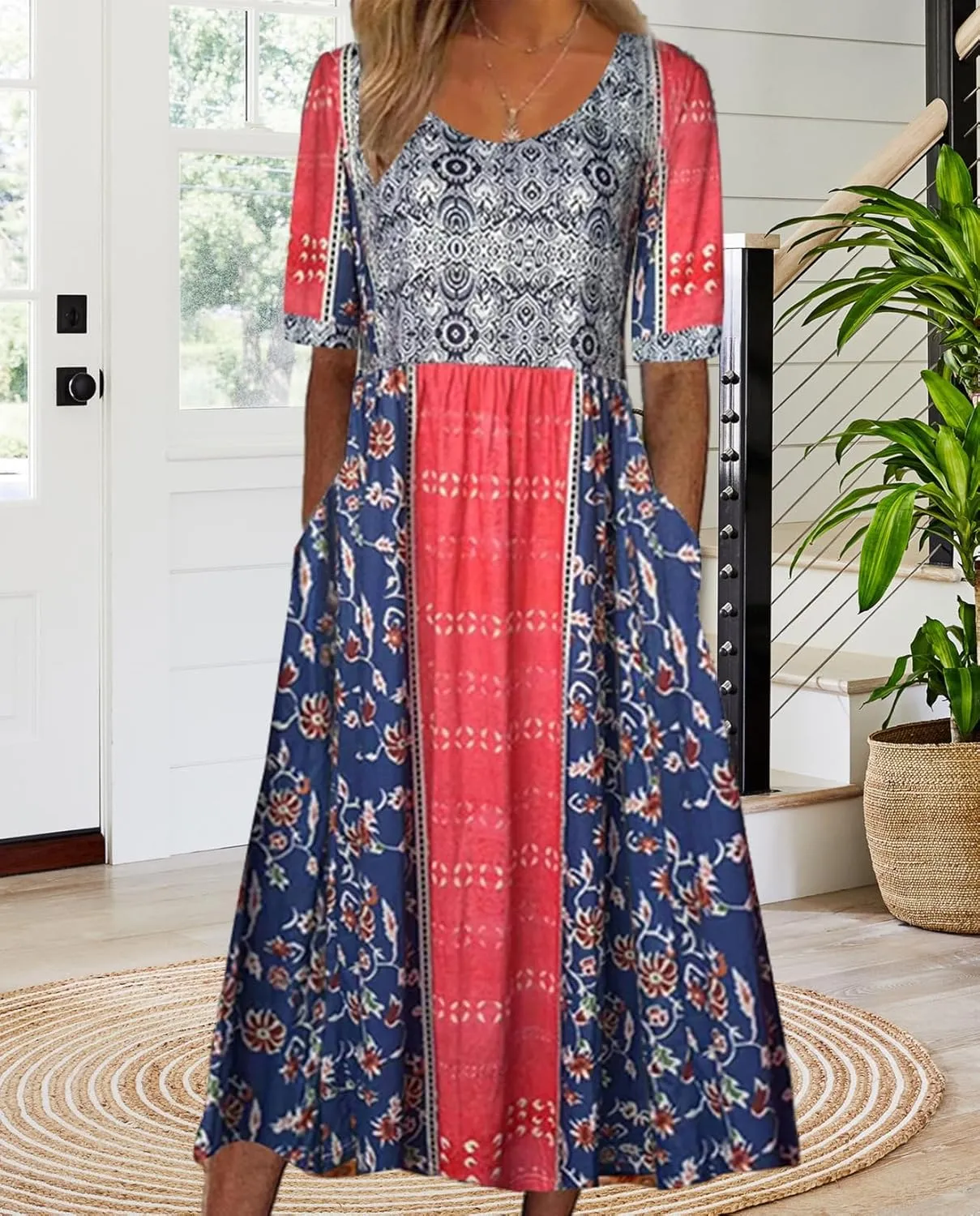Geleglaer Boho Dress for Women Floral Print Short Sleeve Midi Dress Casual Pleat Flowy Beach Dress with Pockets Summer 2024
