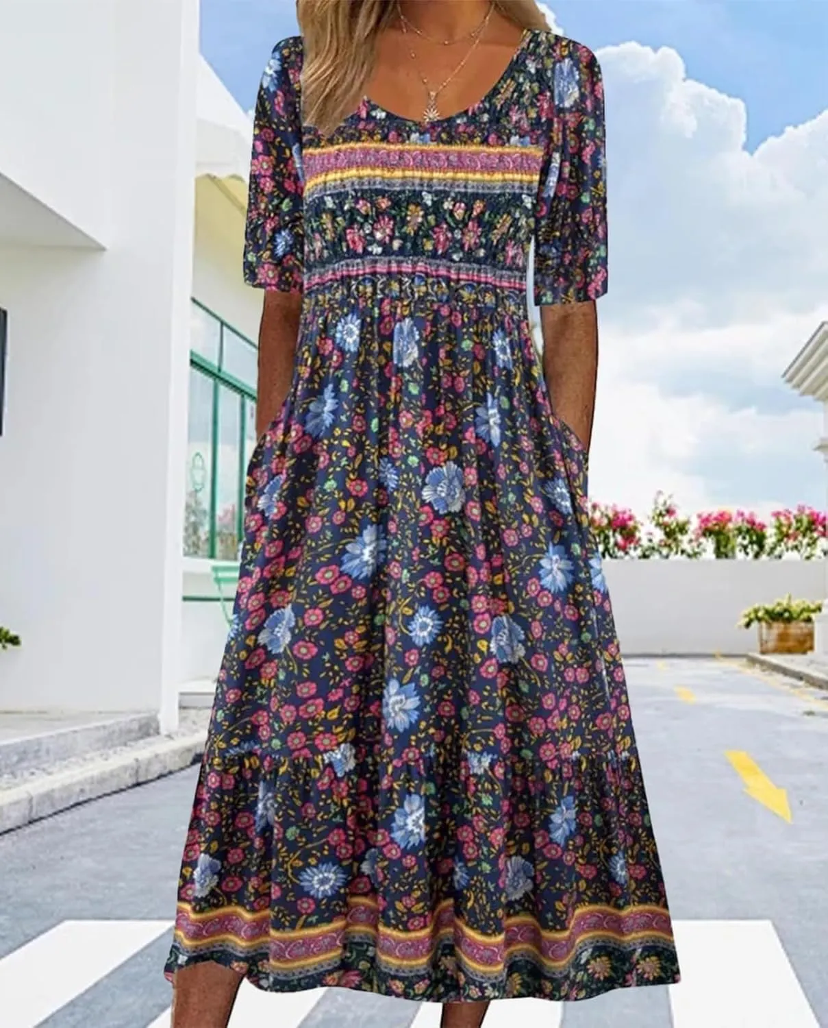 Geleglaer Boho Dress for Women Floral Print Short Sleeve Midi Dress Casual Pleat Flowy Beach Dress with Pockets Summer 2024