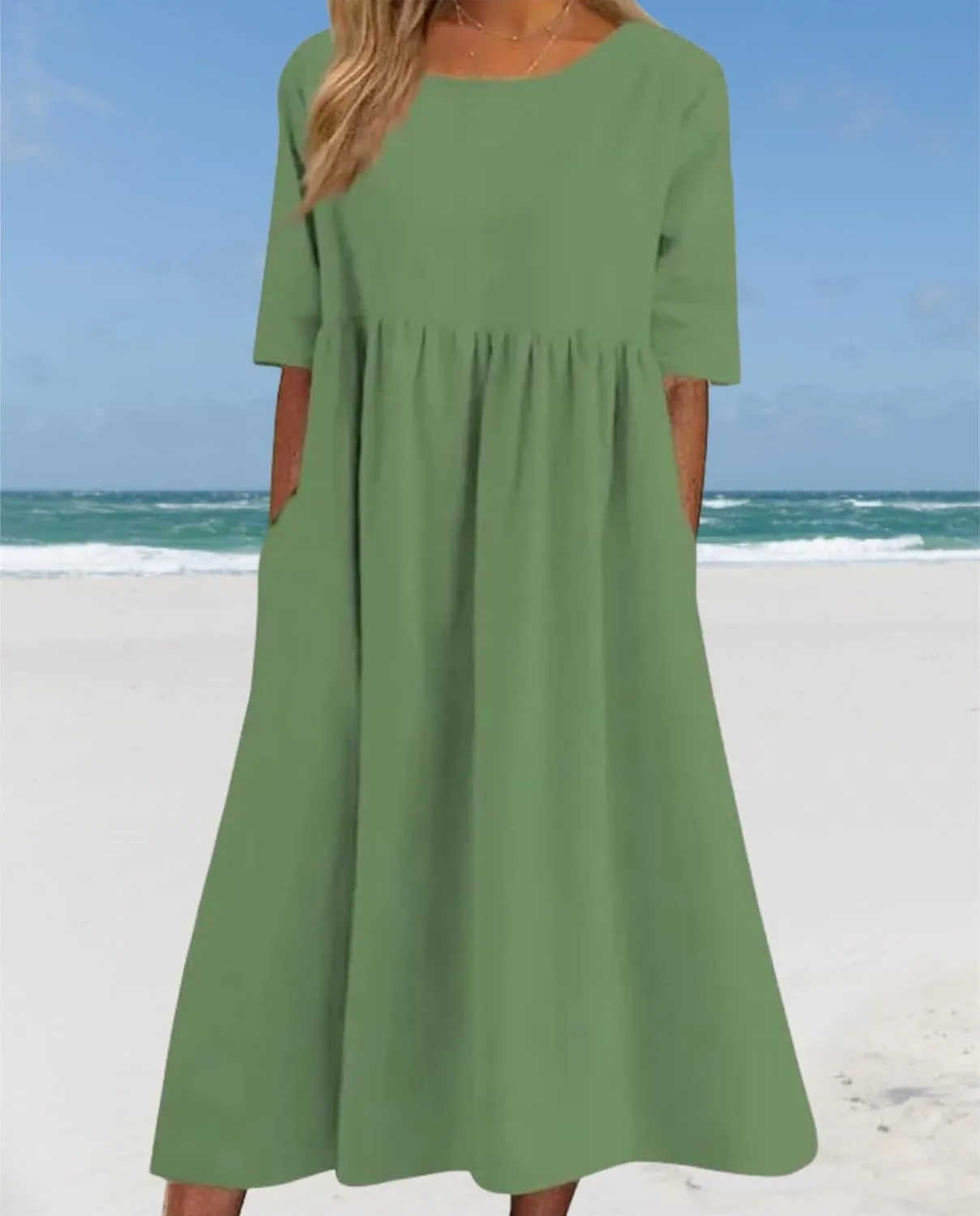 Geleglaer Boho Dress for Women Floral Print Short Sleeve Midi Dress Casual Pleat Flowy Beach Dress with Pockets Summer 2024