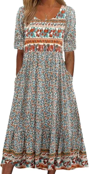 Geleglaer Boho Dress for Women Floral Print Short Sleeve Midi Dress Casual Pleat Flowy Beach Dress with Pockets Summer 2024