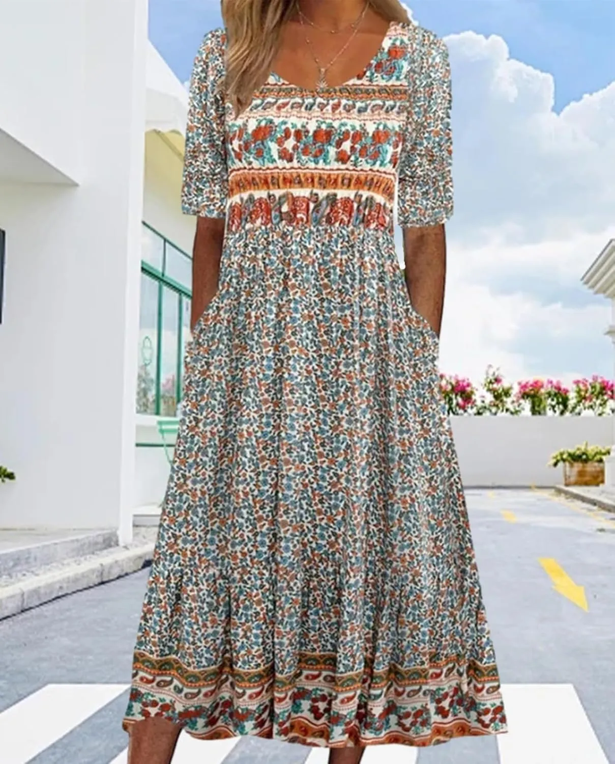 Geleglaer Boho Dress for Women Floral Print Short Sleeve Midi Dress Casual Pleat Flowy Beach Dress with Pockets Summer 2024