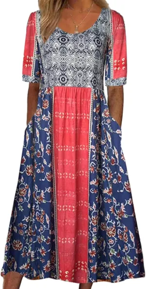 Geleglaer Boho Dress for Women Floral Print Short Sleeve Midi Dress Casual Pleat Flowy Beach Dress with Pockets Summer 2024