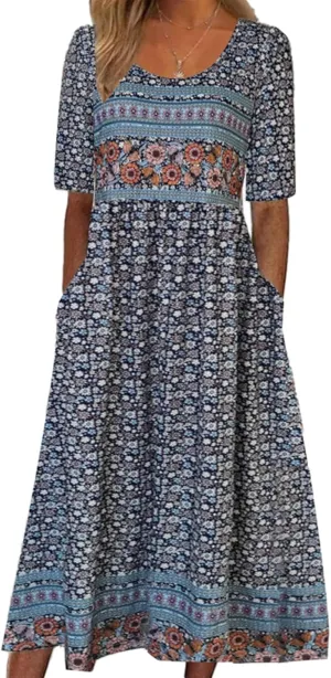 Geleglaer Boho Dress for Women Floral Print Short Sleeve Midi Dress Casual Pleat Flowy Beach Dress with Pockets Summer 2024