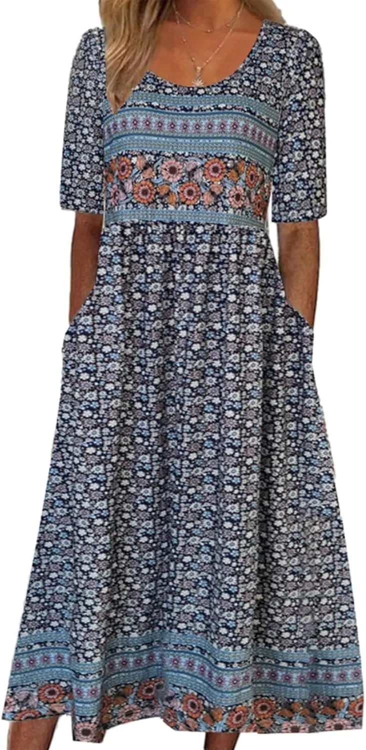 Geleglaer Boho Dress for Women Floral Print Short Sleeve Midi Dress Casual Pleat Flowy Beach Dress with Pockets Summer 2024