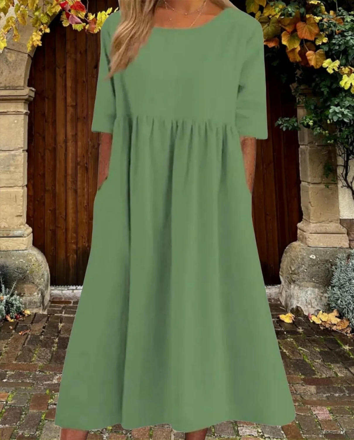 Geleglaer Boho Dress for Women Floral Print Short Sleeve Midi Dress Casual Pleat Flowy Beach Dress with Pockets Summer 2024