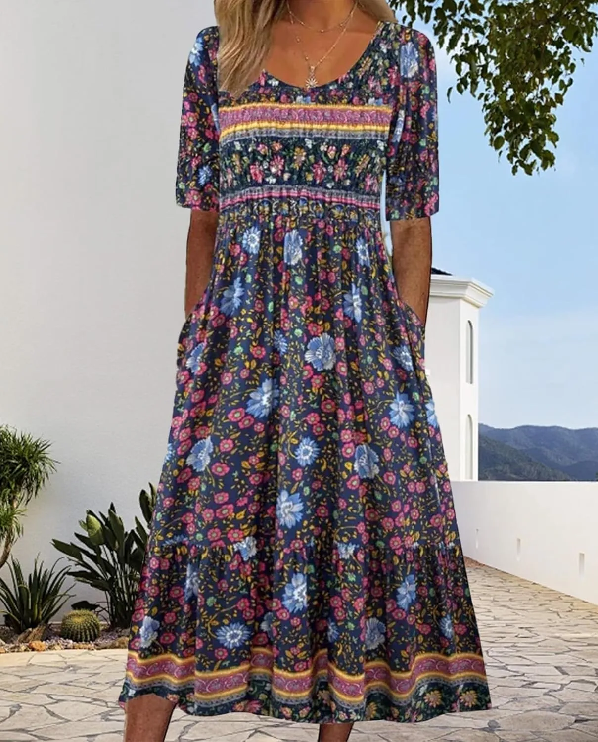 Geleglaer Boho Dress for Women Floral Print Short Sleeve Midi Dress Casual Pleat Flowy Beach Dress with Pockets Summer 2024