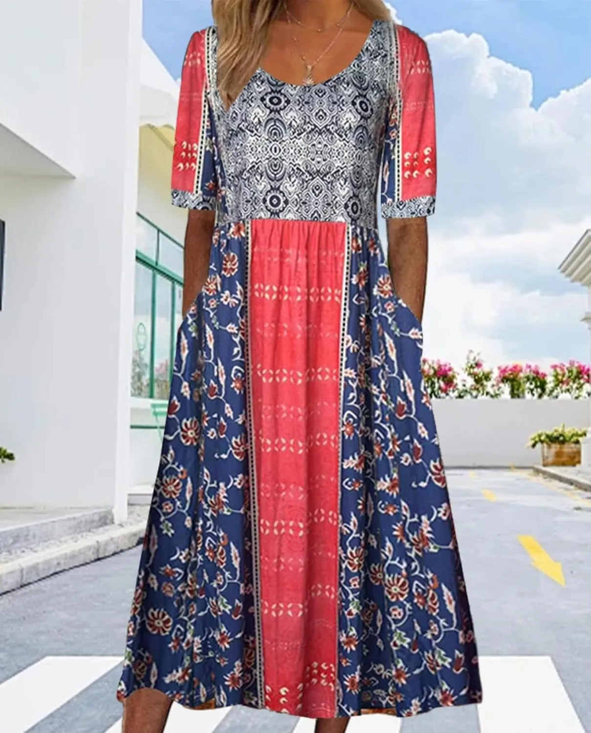 Geleglaer Boho Dress for Women Floral Print Short Sleeve Midi Dress Casual Pleat Flowy Beach Dress with Pockets Summer 2024