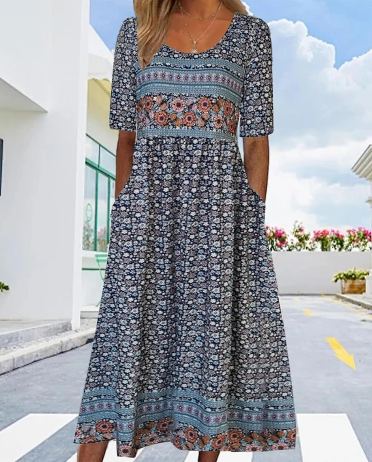 Geleglaer Boho Dress for Women Floral Print Short Sleeve Midi Dress Casual Pleat Flowy Beach Dress with Pockets Summer 2024