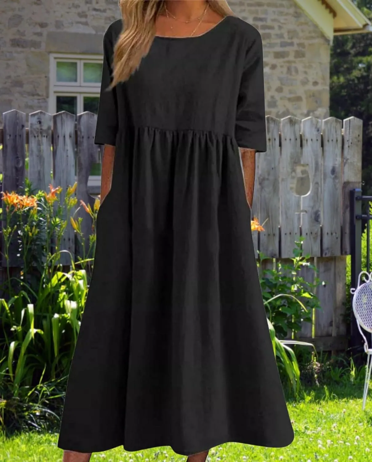 Geleglaer Boho Dress for Women Floral Print Short Sleeve Midi Dress Casual Pleat Flowy Beach Dress with Pockets Summer 2024