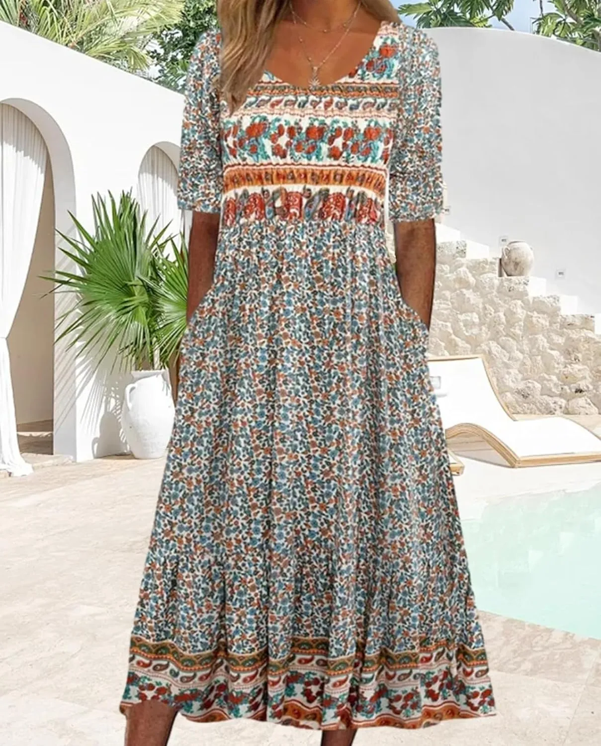 Geleglaer Boho Dress for Women Floral Print Short Sleeve Midi Dress Casual Pleat Flowy Beach Dress with Pockets Summer 2024