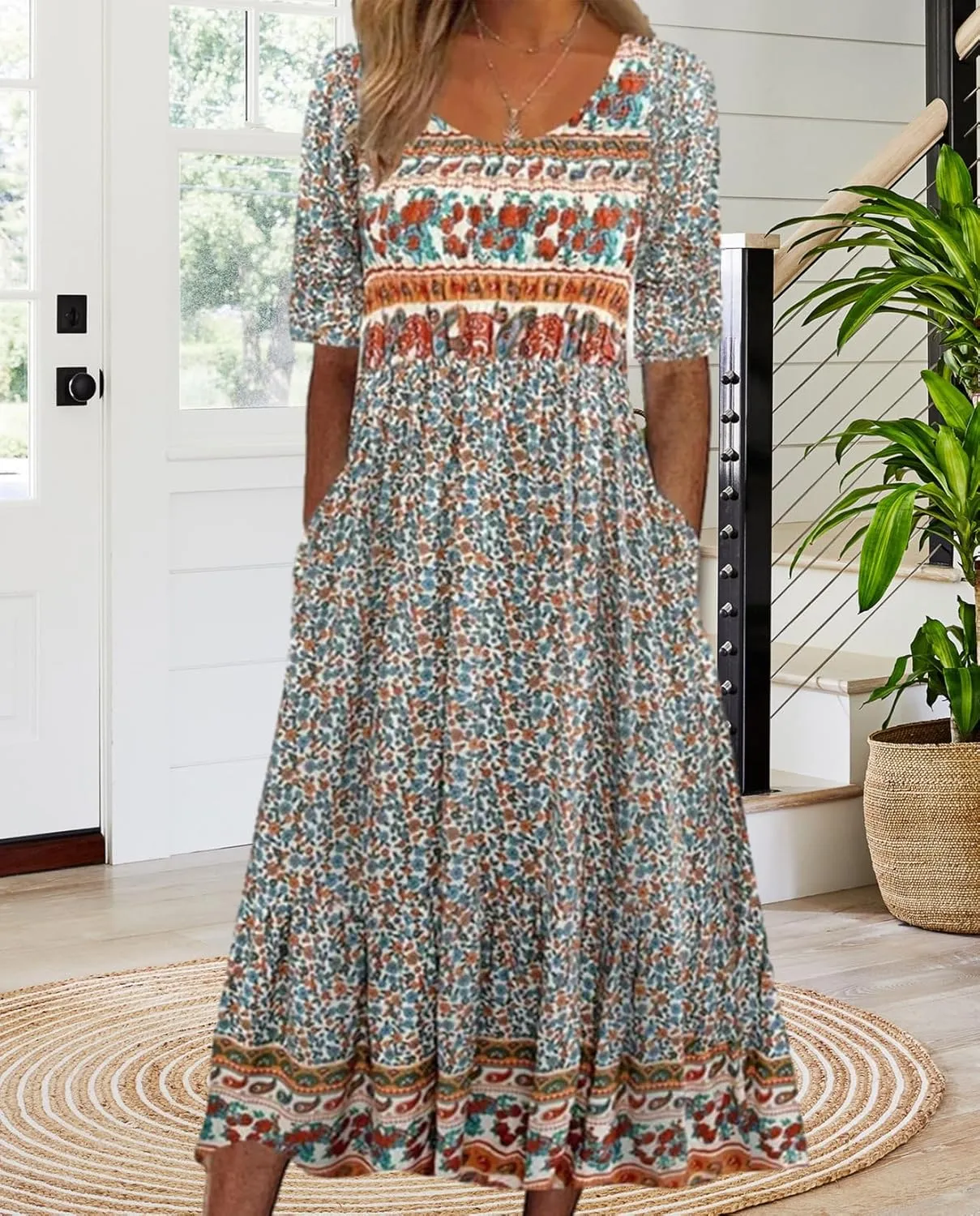 Geleglaer Boho Dress for Women Floral Print Short Sleeve Midi Dress Casual Pleat Flowy Beach Dress with Pockets Summer 2024