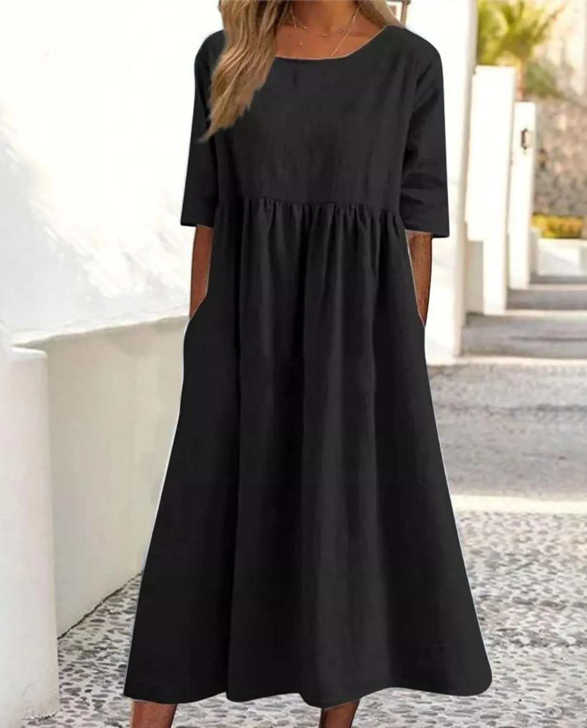 Geleglaer Boho Dress for Women Floral Print Short Sleeve Midi Dress Casual Pleat Flowy Beach Dress with Pockets Summer 2024
