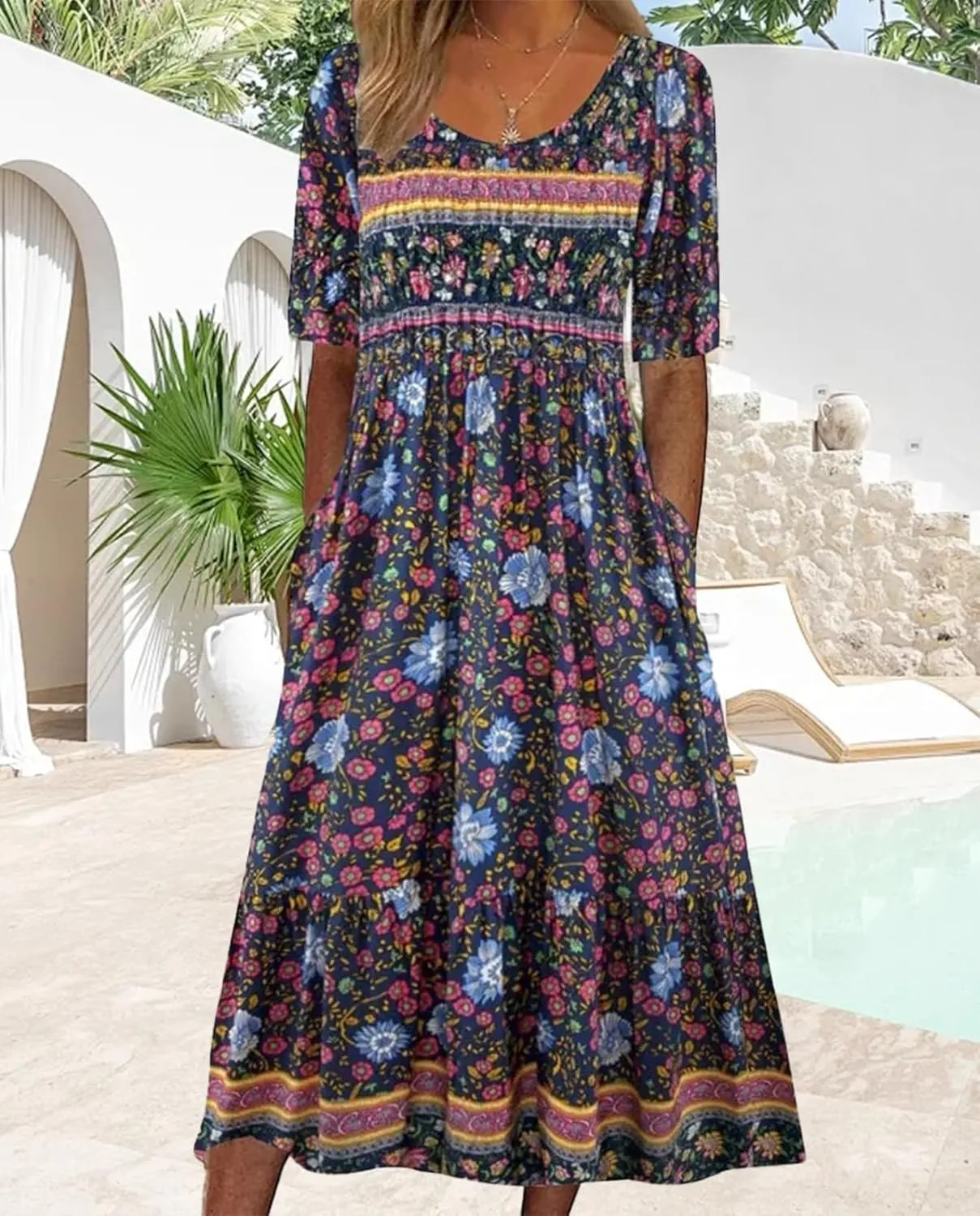 Geleglaer Boho Dress for Women Floral Print Short Sleeve Midi Dress Casual Pleat Flowy Beach Dress with Pockets Summer 2024