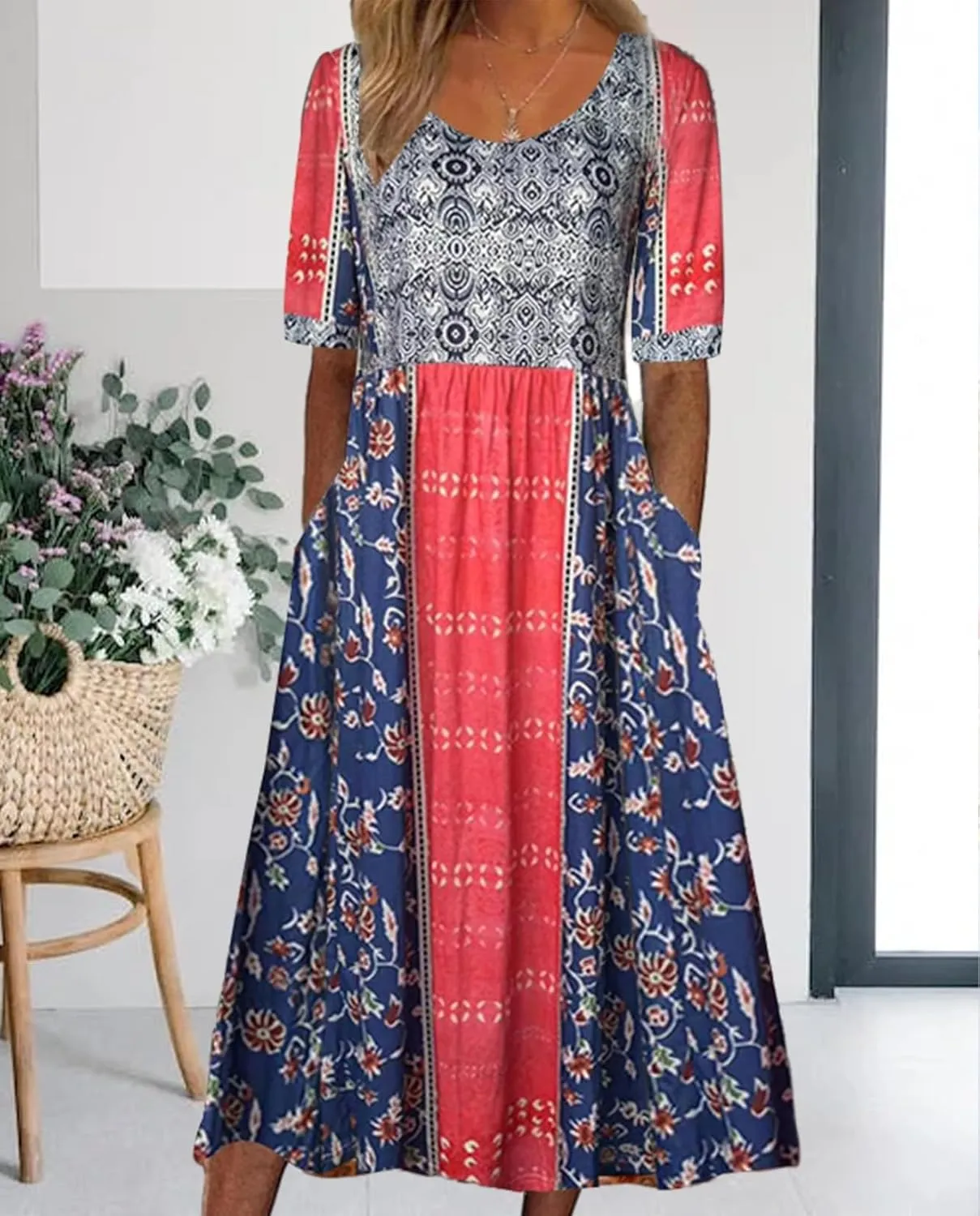 Geleglaer Boho Dress for Women Floral Print Short Sleeve Midi Dress Casual Pleat Flowy Beach Dress with Pockets Summer 2024