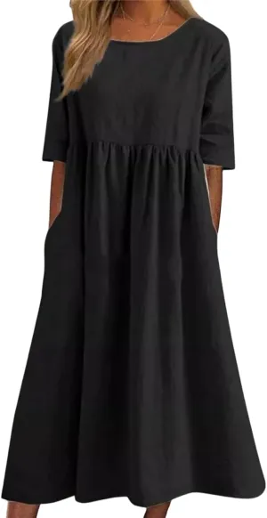 Geleglaer Boho Dress for Women Floral Print Short Sleeve Midi Dress Casual Pleat Flowy Beach Dress with Pockets Summer 2024