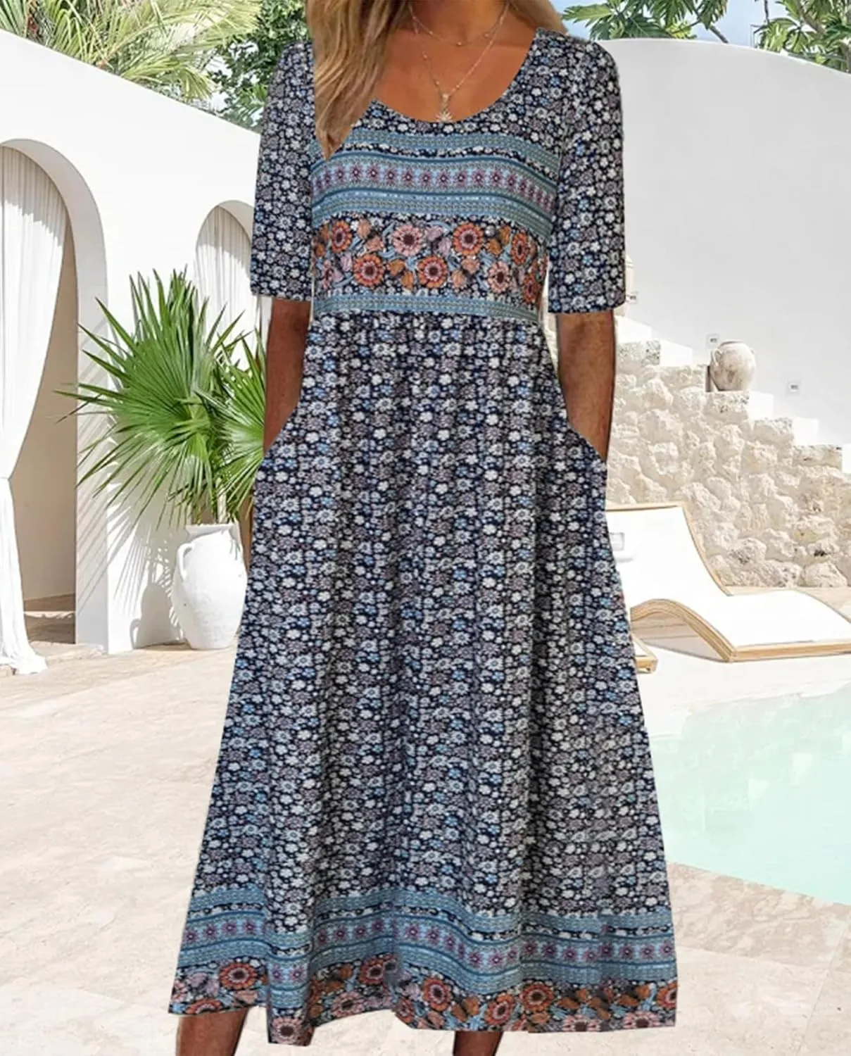 Geleglaer Boho Dress for Women Floral Print Short Sleeve Midi Dress Casual Pleat Flowy Beach Dress with Pockets Summer 2024