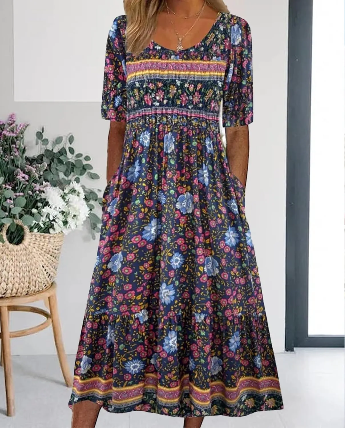 Geleglaer Boho Dress for Women Floral Print Short Sleeve Midi Dress Casual Pleat Flowy Beach Dress with Pockets Summer 2024