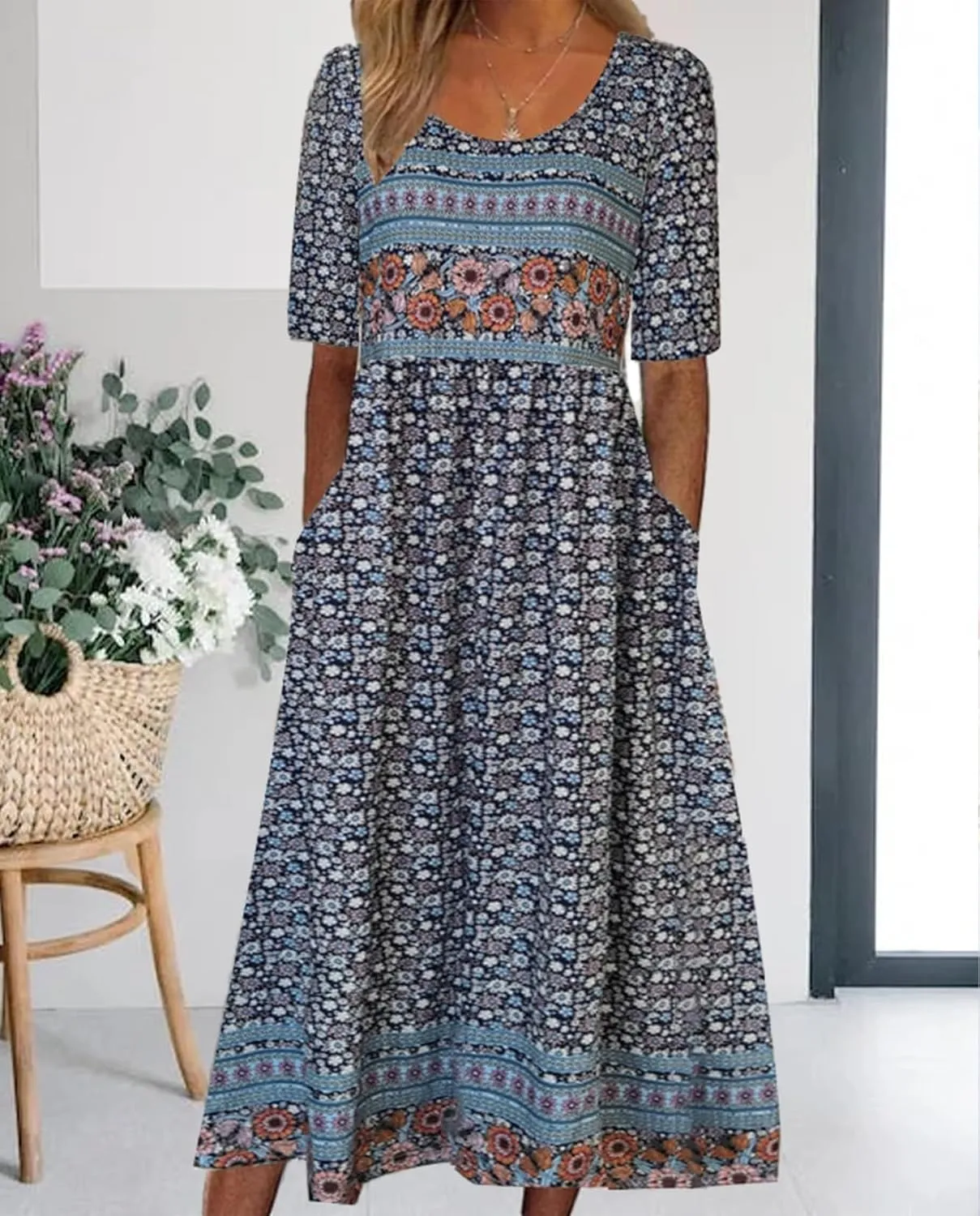 Geleglaer Boho Dress for Women Floral Print Short Sleeve Midi Dress Casual Pleat Flowy Beach Dress with Pockets Summer 2024