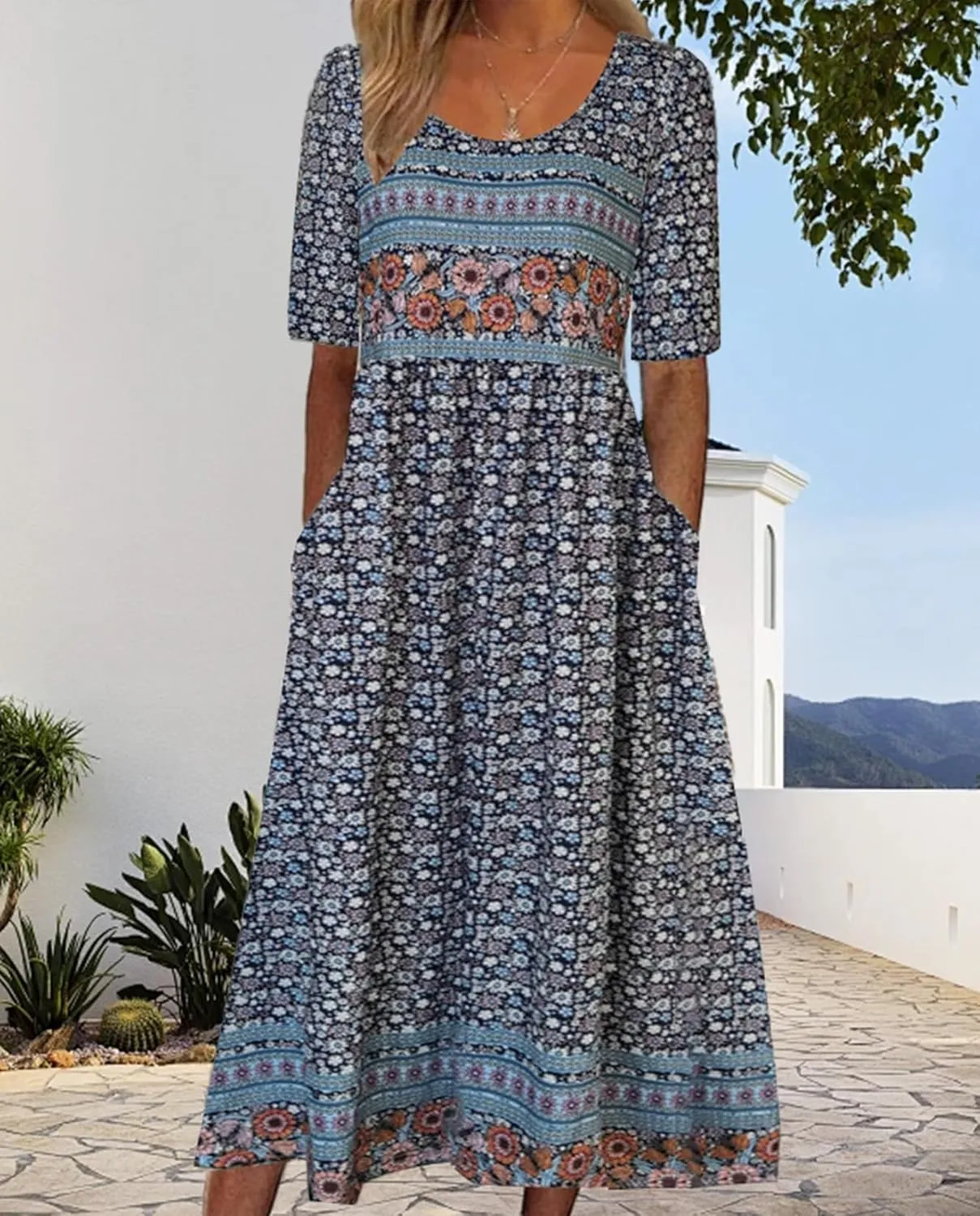 Geleglaer Boho Dress for Women Floral Print Short Sleeve Midi Dress Casual Pleat Flowy Beach Dress with Pockets Summer 2024