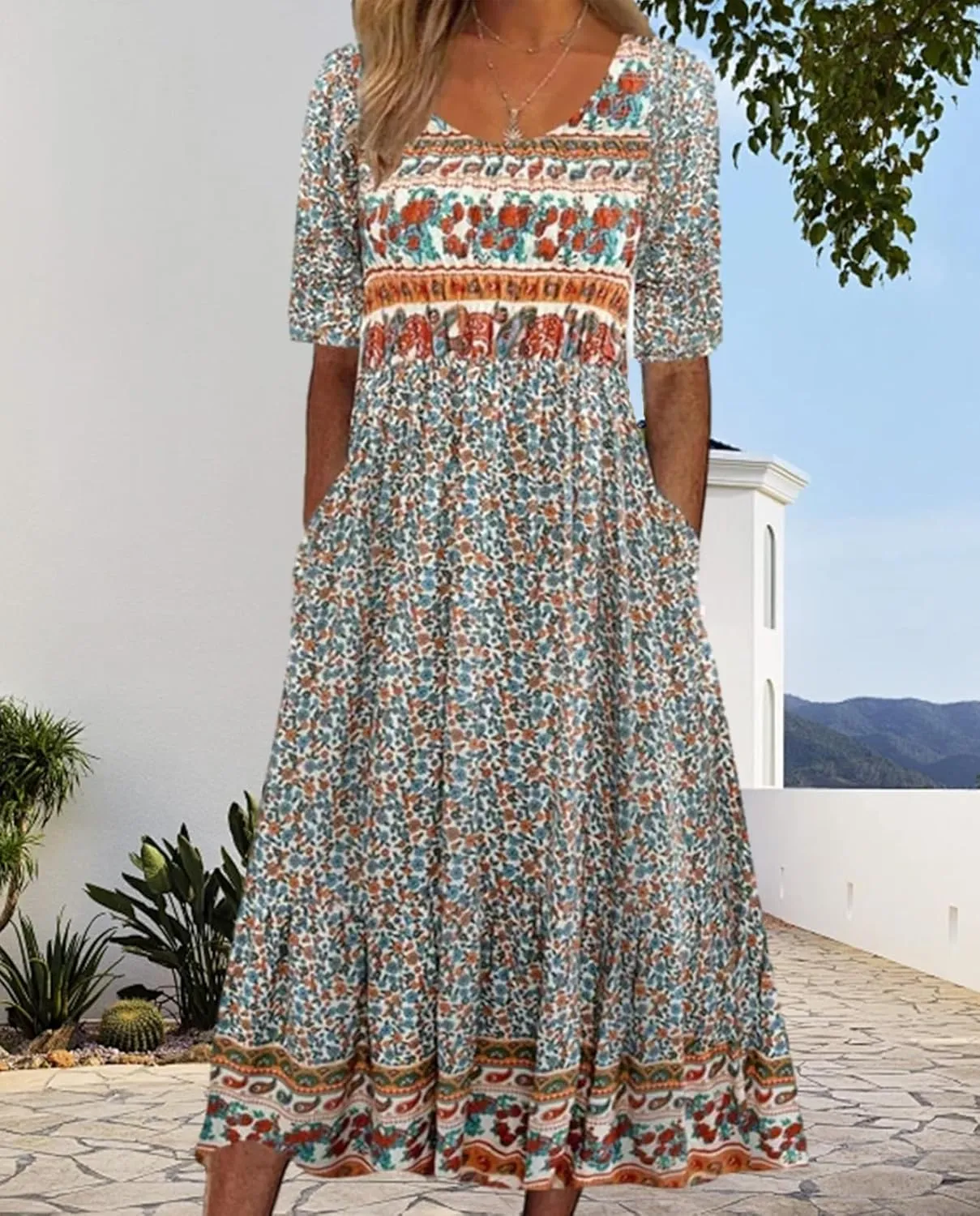 Geleglaer Boho Dress for Women Floral Print Short Sleeve Midi Dress Casual Pleat Flowy Beach Dress with Pockets Summer 2024