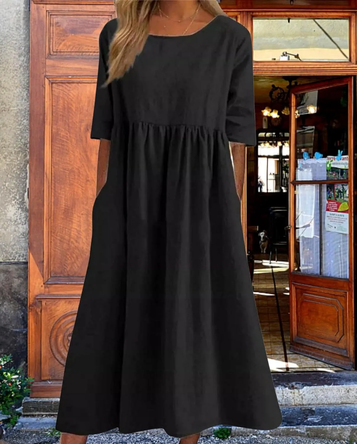 Geleglaer Boho Dress for Women Floral Print Short Sleeve Midi Dress Casual Pleat Flowy Beach Dress with Pockets Summer 2024