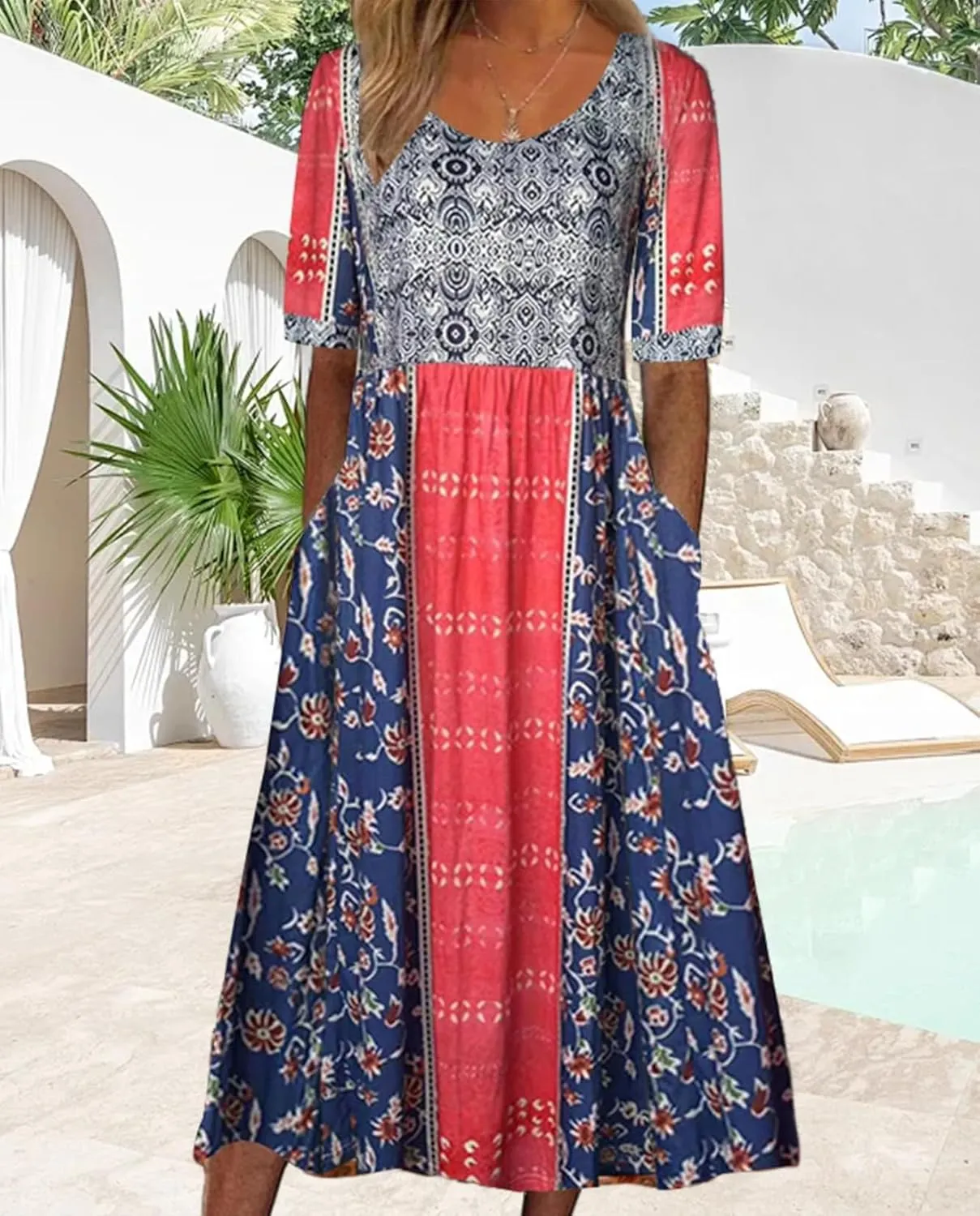 Geleglaer Boho Dress for Women Floral Print Short Sleeve Midi Dress Casual Pleat Flowy Beach Dress with Pockets Summer 2024