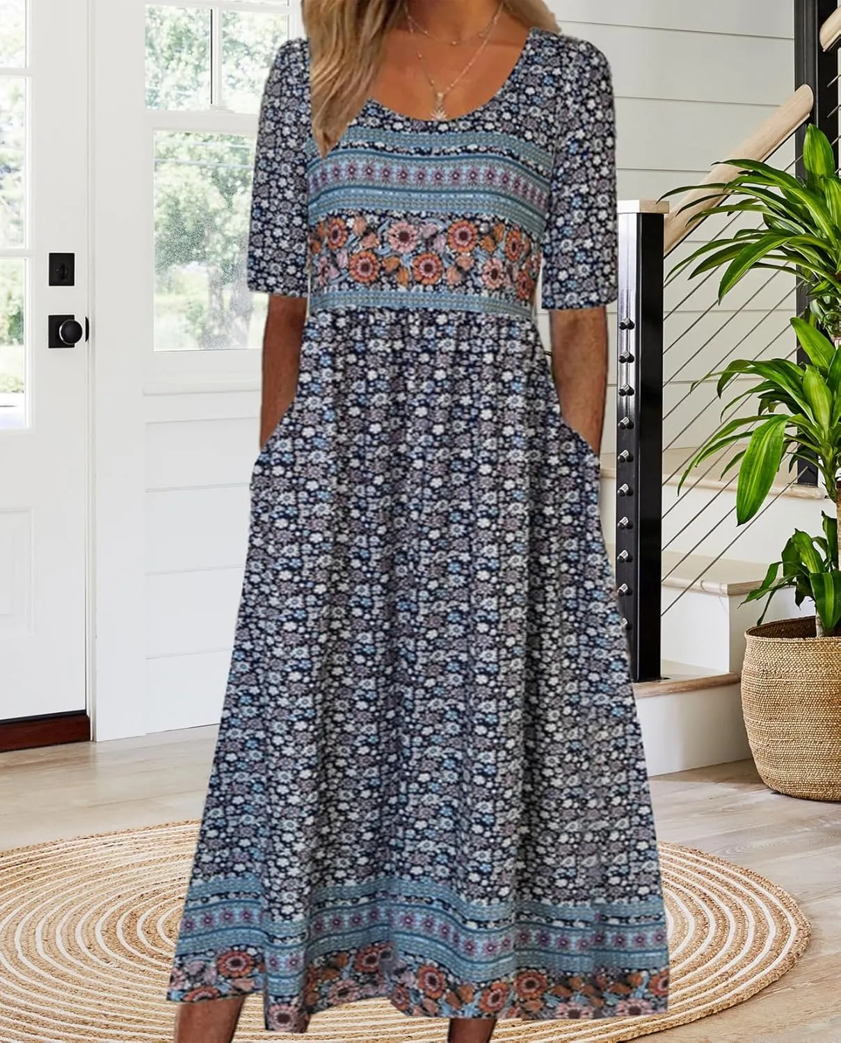 Geleglaer Boho Dress for Women Floral Print Short Sleeve Midi Dress Casual Pleat Flowy Beach Dress with Pockets Summer 2024