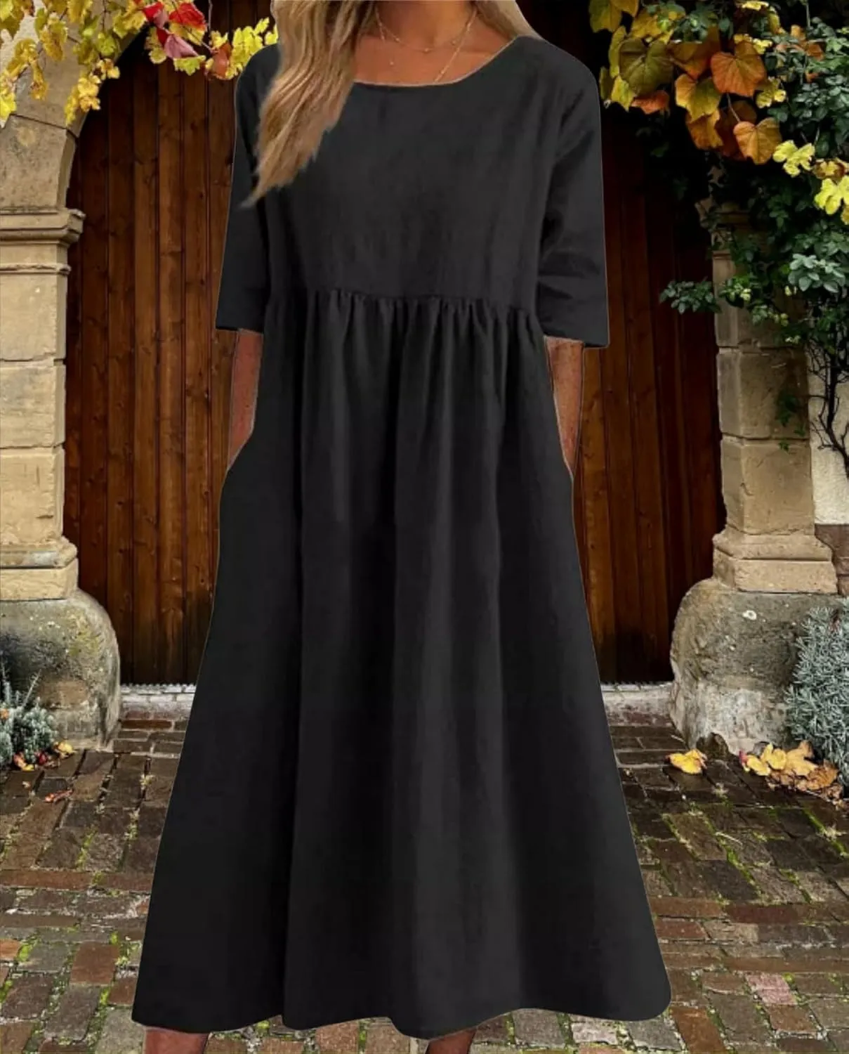 Geleglaer Boho Dress for Women Floral Print Short Sleeve Midi Dress Casual Pleat Flowy Beach Dress with Pockets Summer 2024