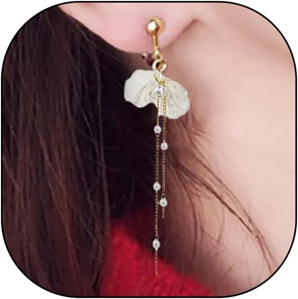 GIGB PBDK Gold Shell Pearl Long Tassel Earrings Fashion Simple White Floral Ear Cuff Wrap Earrings Boho Shell Pearl Drop Beach Jewelry
