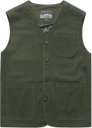 Gihuo Men's Travel Vest Casual Outdoor Multi-Pocket V-Neck Button Cotton Workwear Vest