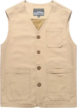 Gihuo Men's Travel Vest Casual Outdoor Multi-Pocket V-Neck Button Cotton Workwear Vest