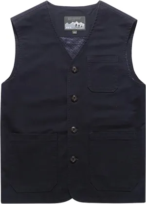 Gihuo Men's Travel Vest Casual Outdoor Multi-Pocket V-Neck Button Cotton Workwear Vest