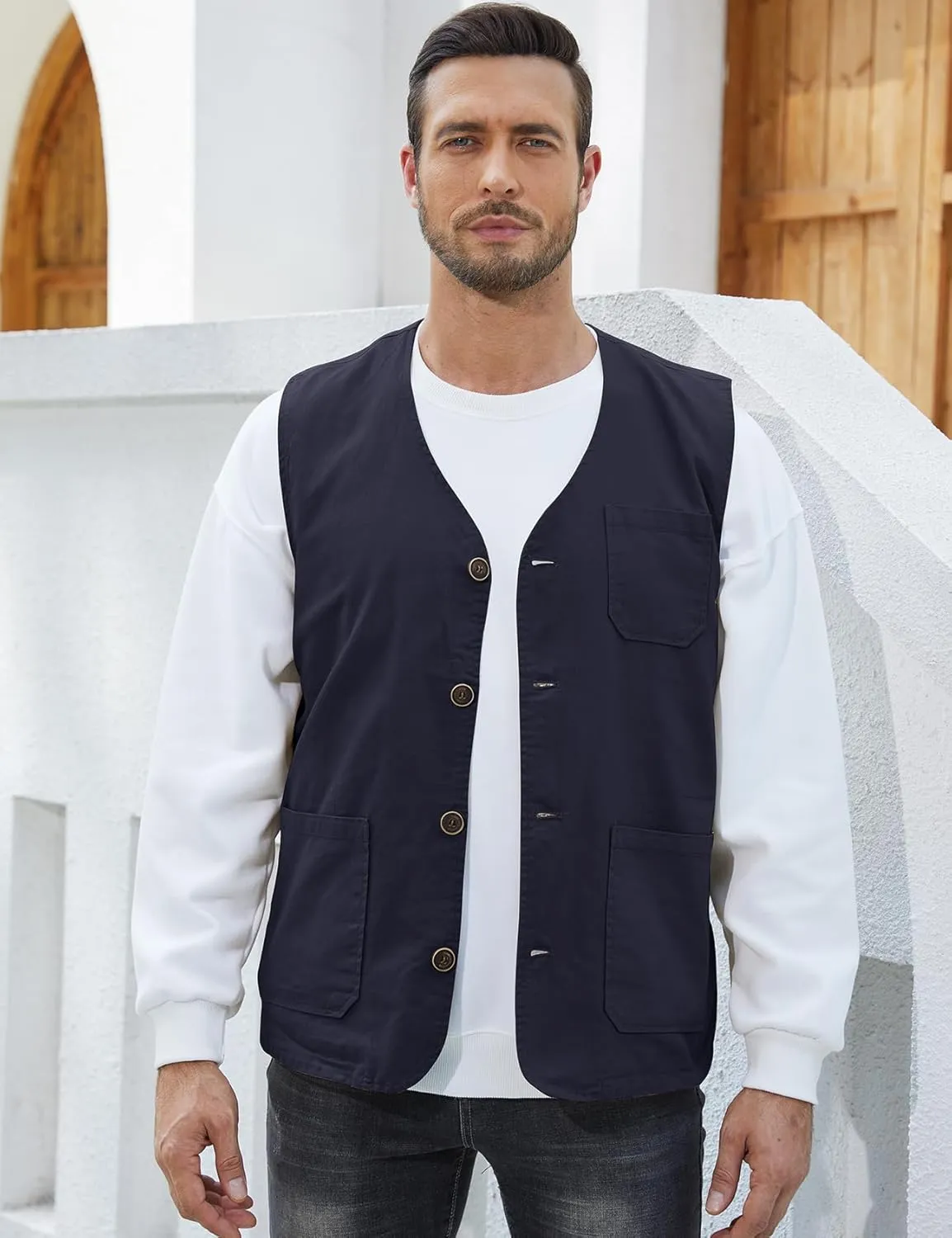 Gihuo Men's Travel Vest Casual Outdoor Multi-Pocket V-Neck Button Cotton Workwear Vest