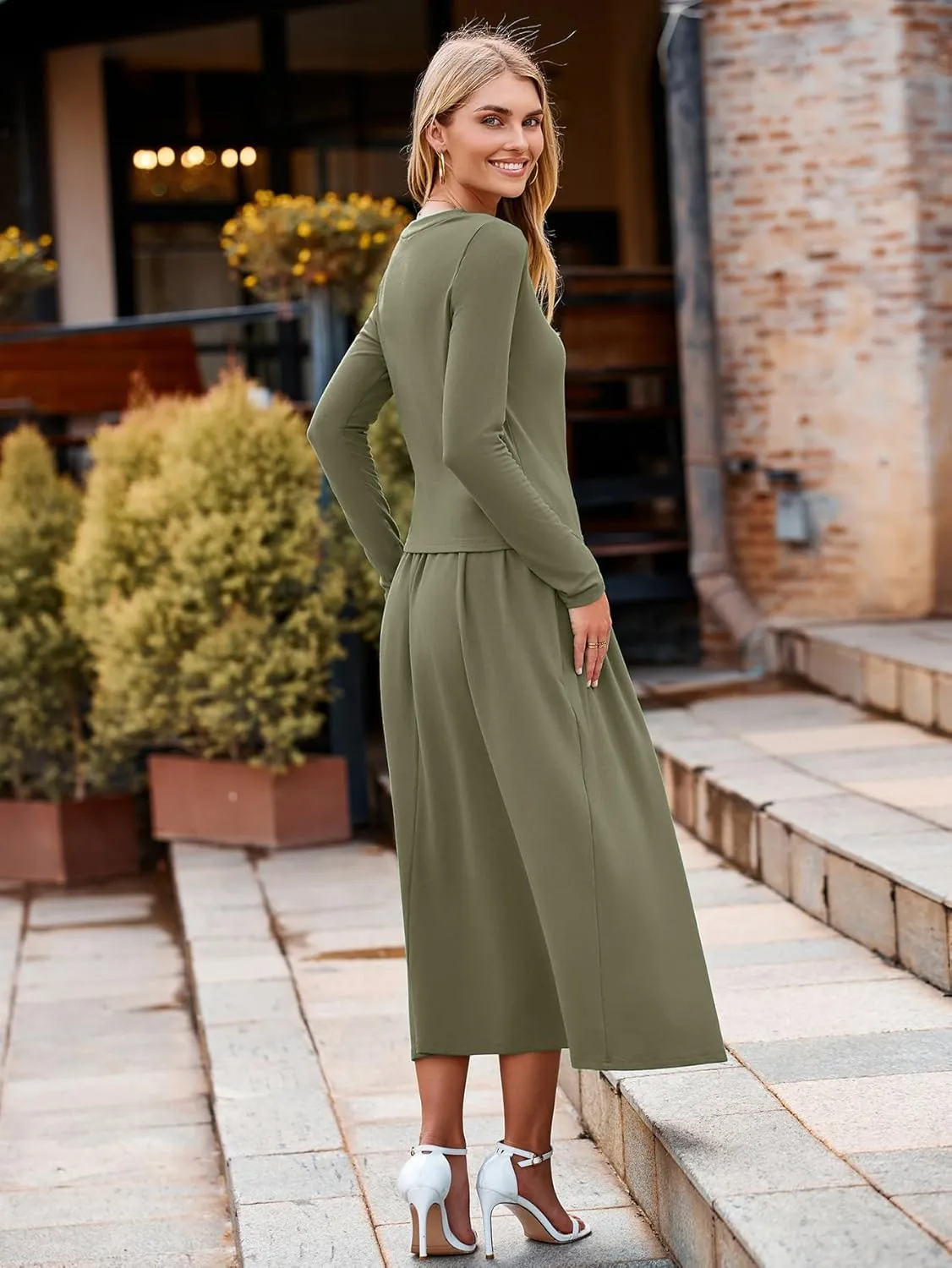 Glamaker Women's 2 Piece Skirt Sets Long Sleeve Casual Outfits Top Maxi Skirt Knit Dresses Matching Sets with Pockets