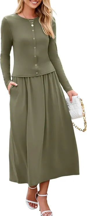 Glamaker Women's 2 Piece Skirt Sets Long Sleeve Casual Outfits Top Maxi Skirt Knit Dresses Matching Sets with Pockets