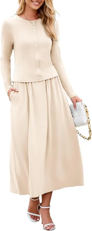 Glamaker Women's 2 Piece Skirt Sets Long Sleeve Casual Outfits Top Maxi Skirt Knit Dresses Matching Sets with Pockets