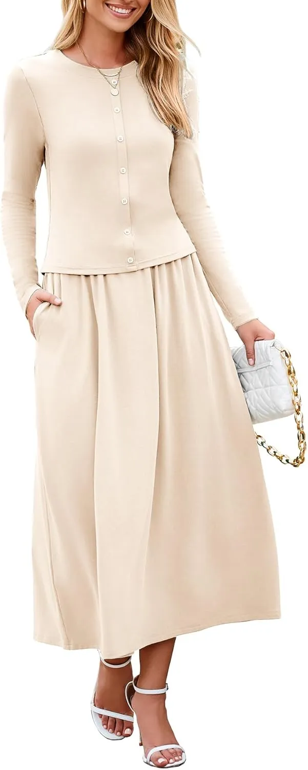 Glamaker Women's 2 Piece Skirt Sets Long Sleeve Casual Outfits Top Maxi Skirt Knit Dresses Matching Sets with Pockets