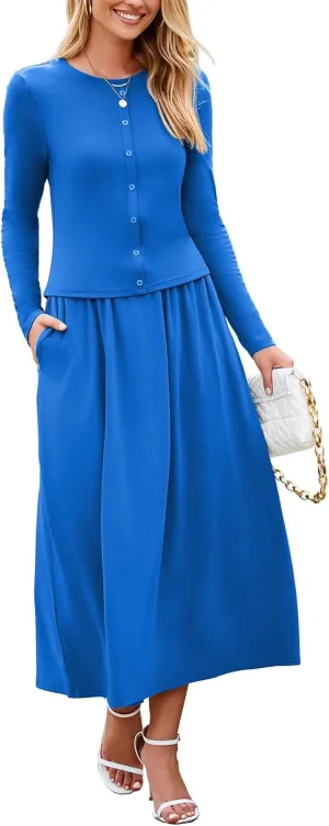 Glamaker Women's 2 Piece Skirt Sets Long Sleeve Casual Outfits Top Maxi Skirt Knit Dresses Matching Sets with Pockets