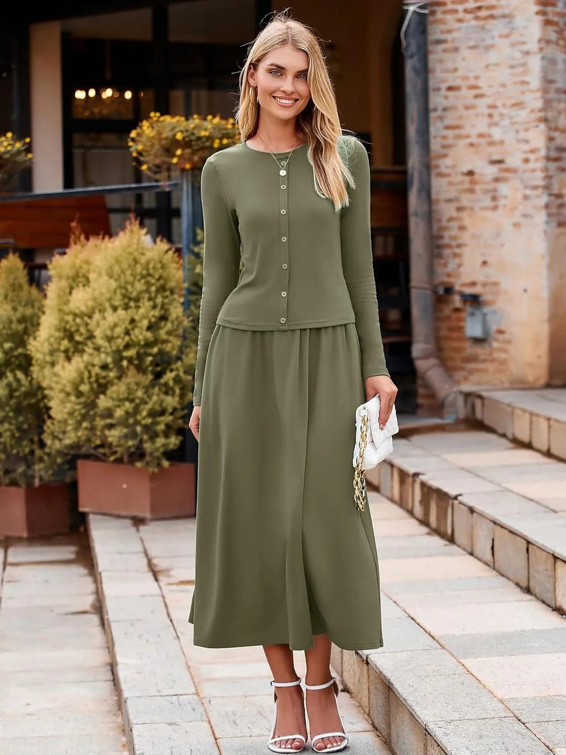 Glamaker Women's 2 Piece Skirt Sets Long Sleeve Casual Outfits Top Maxi Skirt Knit Dresses Matching Sets with Pockets